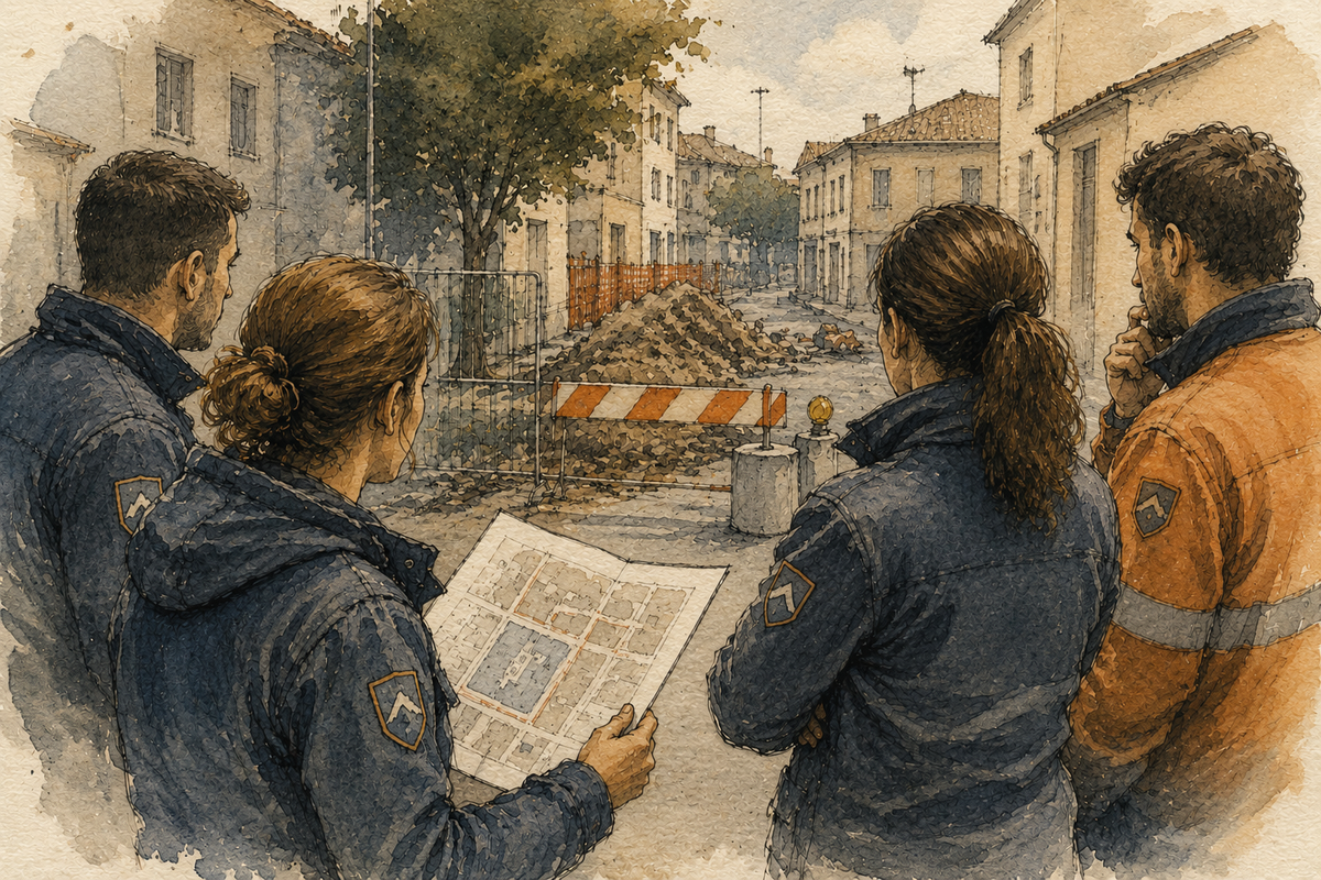 Un gruppo di operatori osserva un passaggio bloccato mentre una componente della squadra consulta una mappa.
