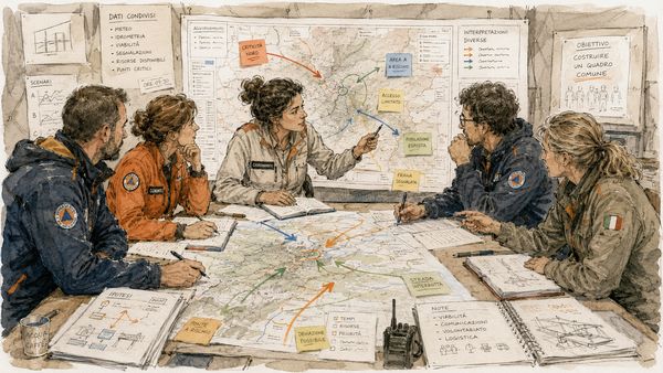 Gruppo di operatori riuniti attorno a mappe e dati condivisi mentre confrontano interpretazioni diverse della stessa situazione per costruire un quadro comune.