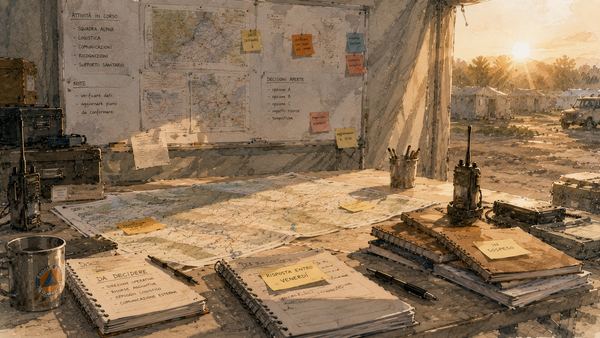 Tavolo operativo lasciato aperto all'interno di una tenda al tramonto, con mappe, appunti e materiali di lavoro ancora presenti.