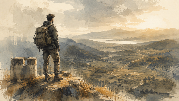 Persona che osserva una valle dall'alto per orientarsi prima di scegliere la direzione da seguire.