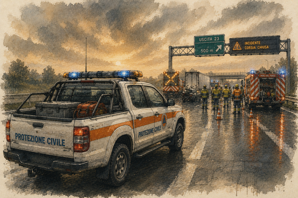 Un mezzo di soccorso tecnico protegge un intervento in autostrada mentre le squadre operative lavorano in sicurezza attorno all'area dell'incidente.