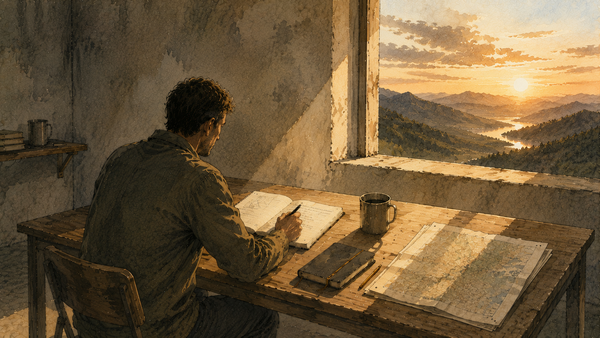 Uomo seduto a un tavolo in una stanza essenziale, mentre scrive su un quaderno illuminato dalla luce proveniente da una finestra.