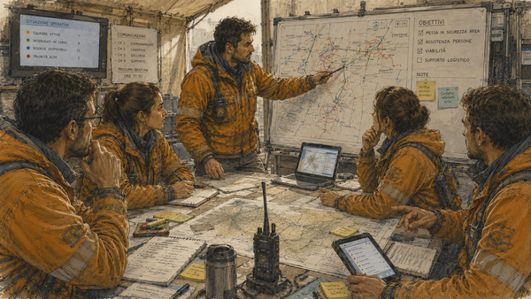 Una squadra durante un briefing operativo prima dell'inizio dell'intervento.