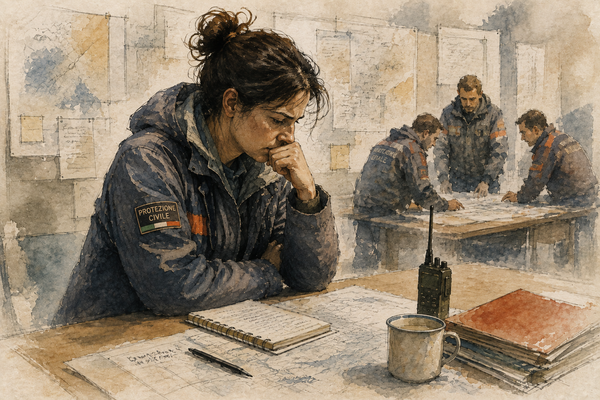 Operatrice di Protezione Civile riflette davanti a mappe e appunti mentre la squadra lavora al coordinamento di una situazione operativa.