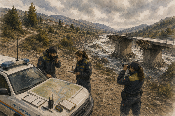 Squadra di Protezione Civile che valuta un ponte interrotto durante un sopralluogo operativo, utilizzando una mappa e strumenti di coordinamento per pianificare un nuovo percorso.