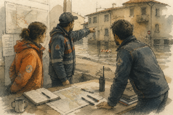 Tre operatori consultano mappe e appunti mentre osservano una strada parzialmente allagata.
