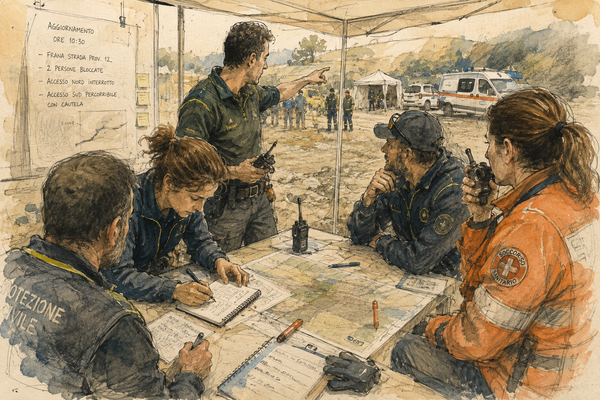 Squadra di Protezione Civile riunita in un punto di coordinamento operativo mentre raccoglie informazioni, consulta mappe e comunica via radio.