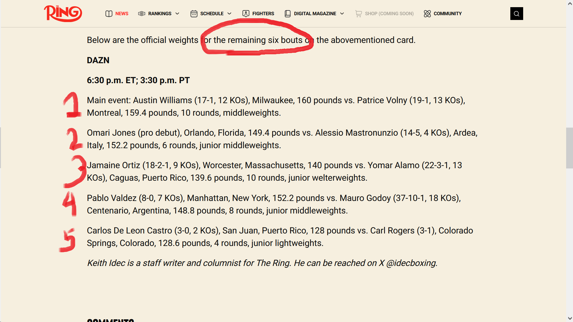 A screenshot of Keith Idec's Mar. 14, 2025 Ring Magazine website article "Edgar Berlanga Overweight For First Fight Since Loss To Canelo Alvarez; Pays Penalty To Still Face Jonathan Gonzalez-Ortiz". At the top it says "Below are the official weights for the remaining six bouts on the abovementioned card." but then it only lists 5 fights. I've circled "the 6 remaining bouts" and drawn the numbers 1-5 with my keyboard trackpad, the 3 looks like a cartoon butt, it's very silly.
