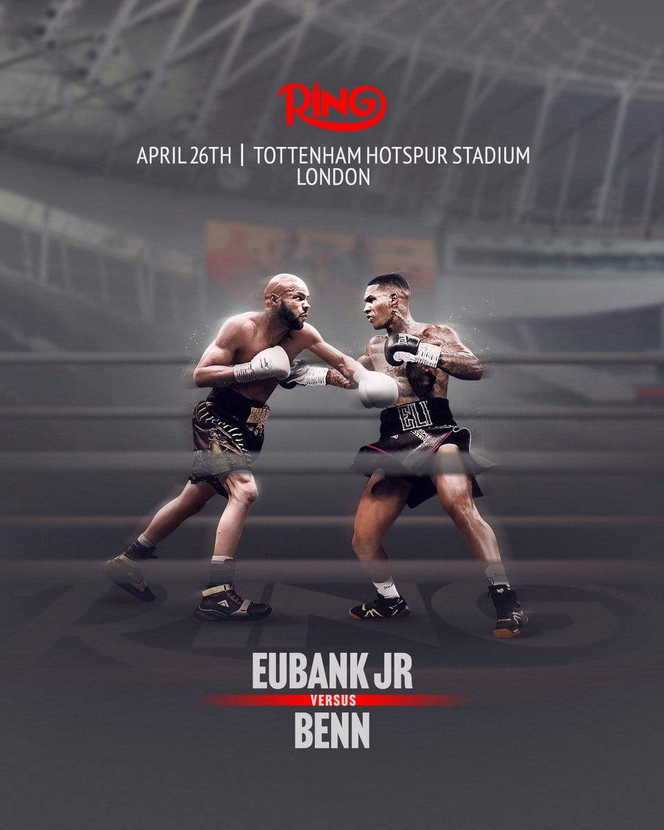 An extremely gray poster, it's almost completely monochrome. There's a boxing ring in White Hart Lane with Ring logo, photos of Eubank and Benn from other fights have been photoshopped next to each other artlessly. They're the only big part of the picture in colour.