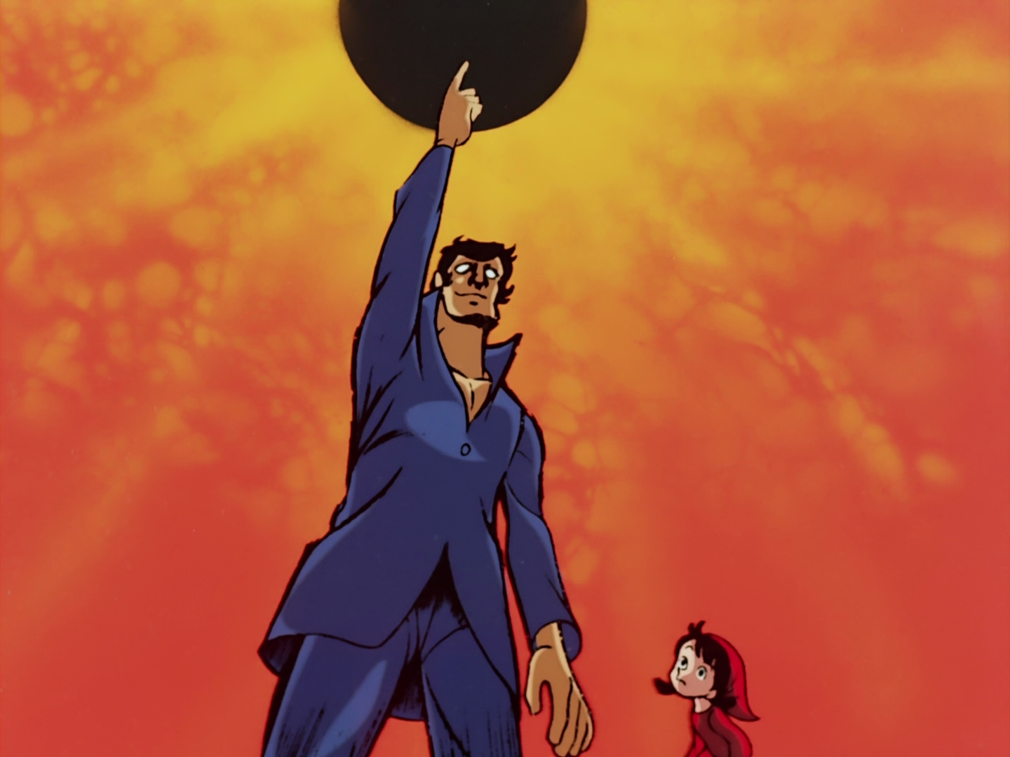Rikiishi Tooru dramatically pointing to the sky in the 1970s anime 'Ashita no Joe'