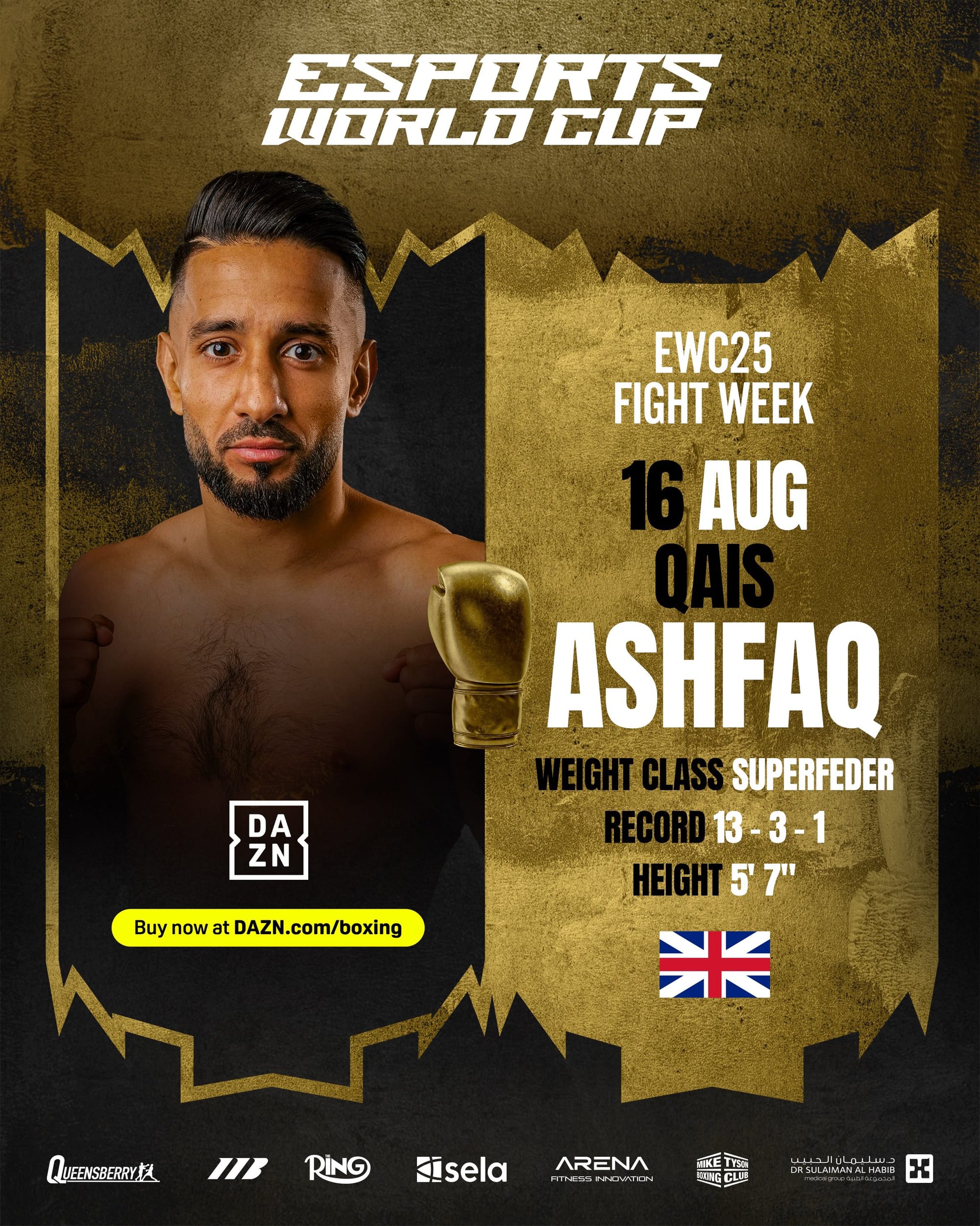 A graphic posted by Turki Alalshiki (https://x.com/Turki_alalshikh/status/1950905412464615709/) for Qais Ashfaq on some undercard. It lists his weight class as "Superfeder" and uses the Kingdom of Great Britain flag from the 18th century (it's missing the diagonal red parts seen on the Union Jack).