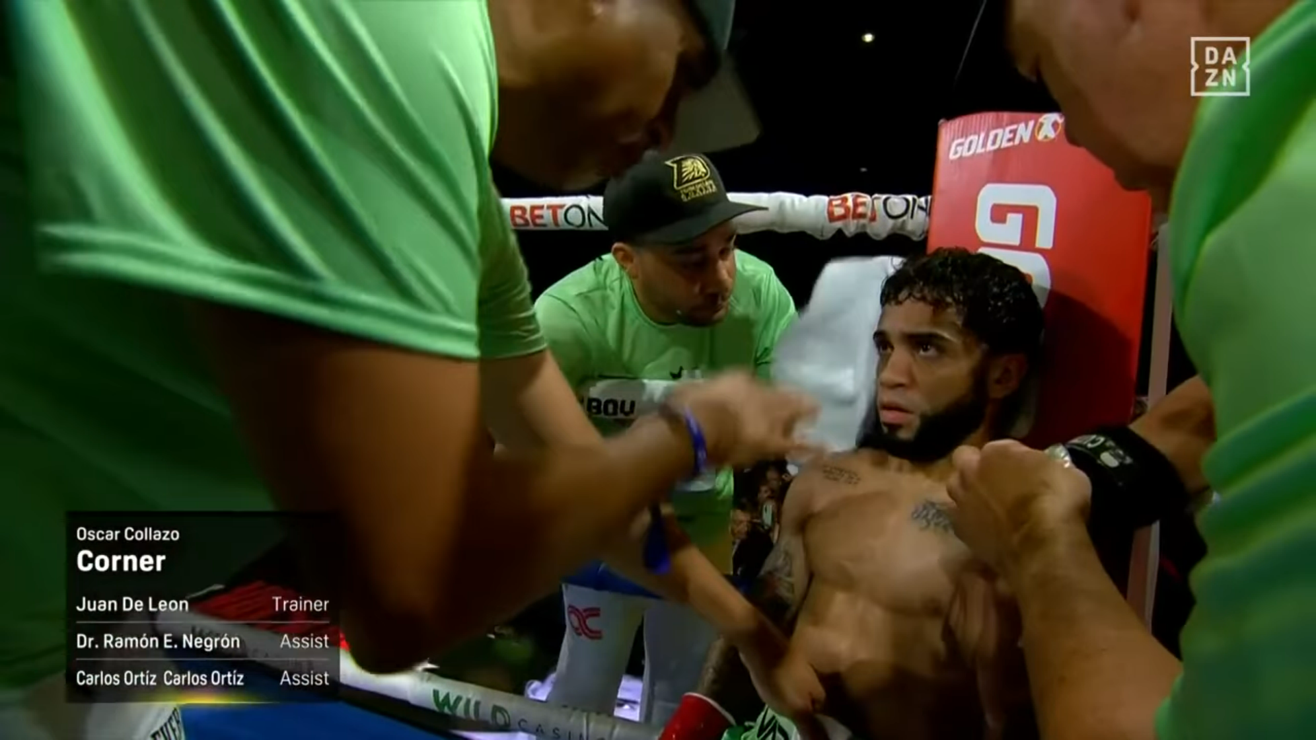 A screenshot of Collazo's corner in his most recent fight on DAZN, the assistant's name is written twice for some reason