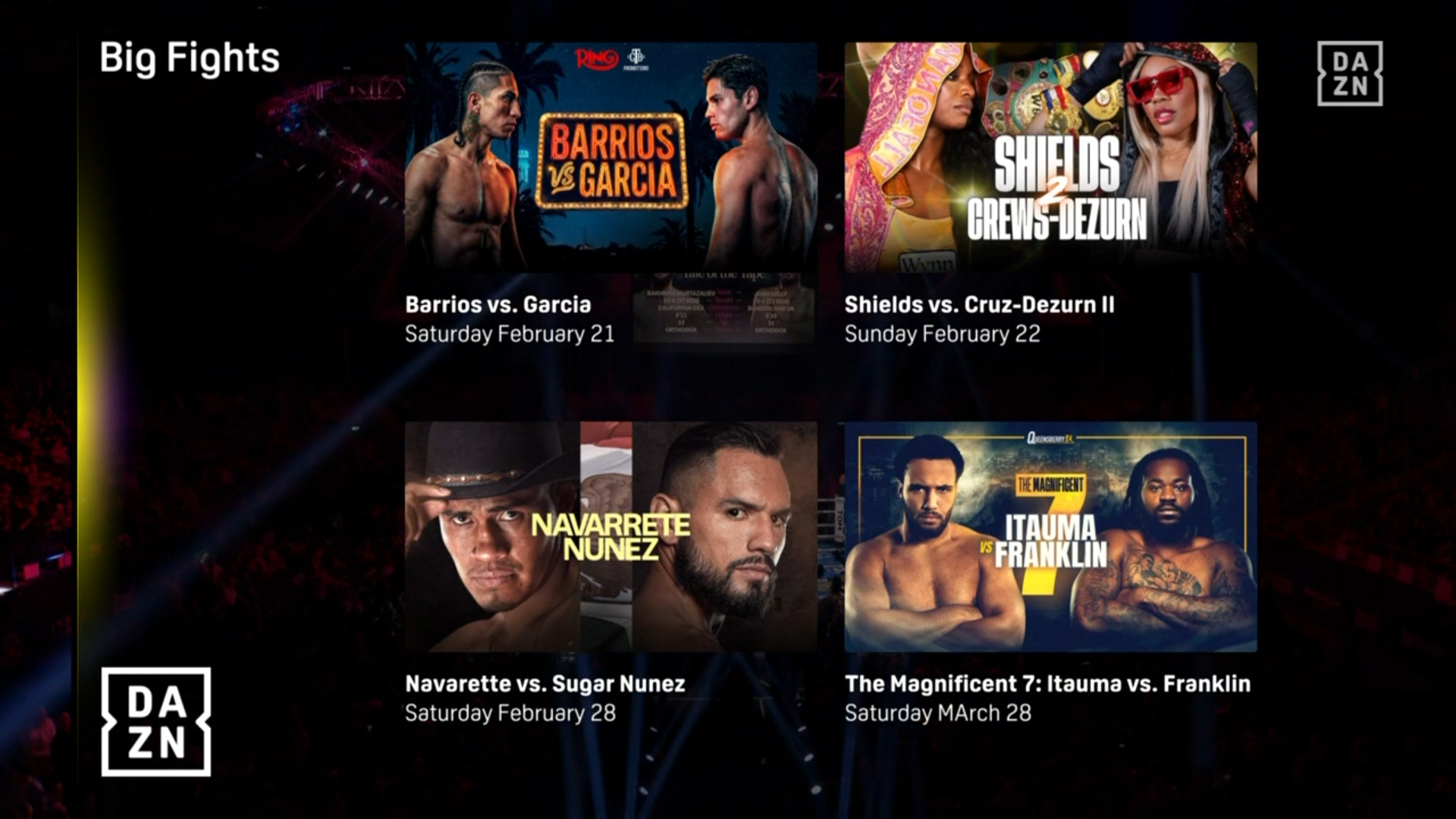 A screenshot of DAZN's upcoming big fights. Errors include spelling fighter names two different ways ("Navarette" / "Navarrete", "Cruz-Dezurn" / "Crews-Dezurn") and "MArch 28"