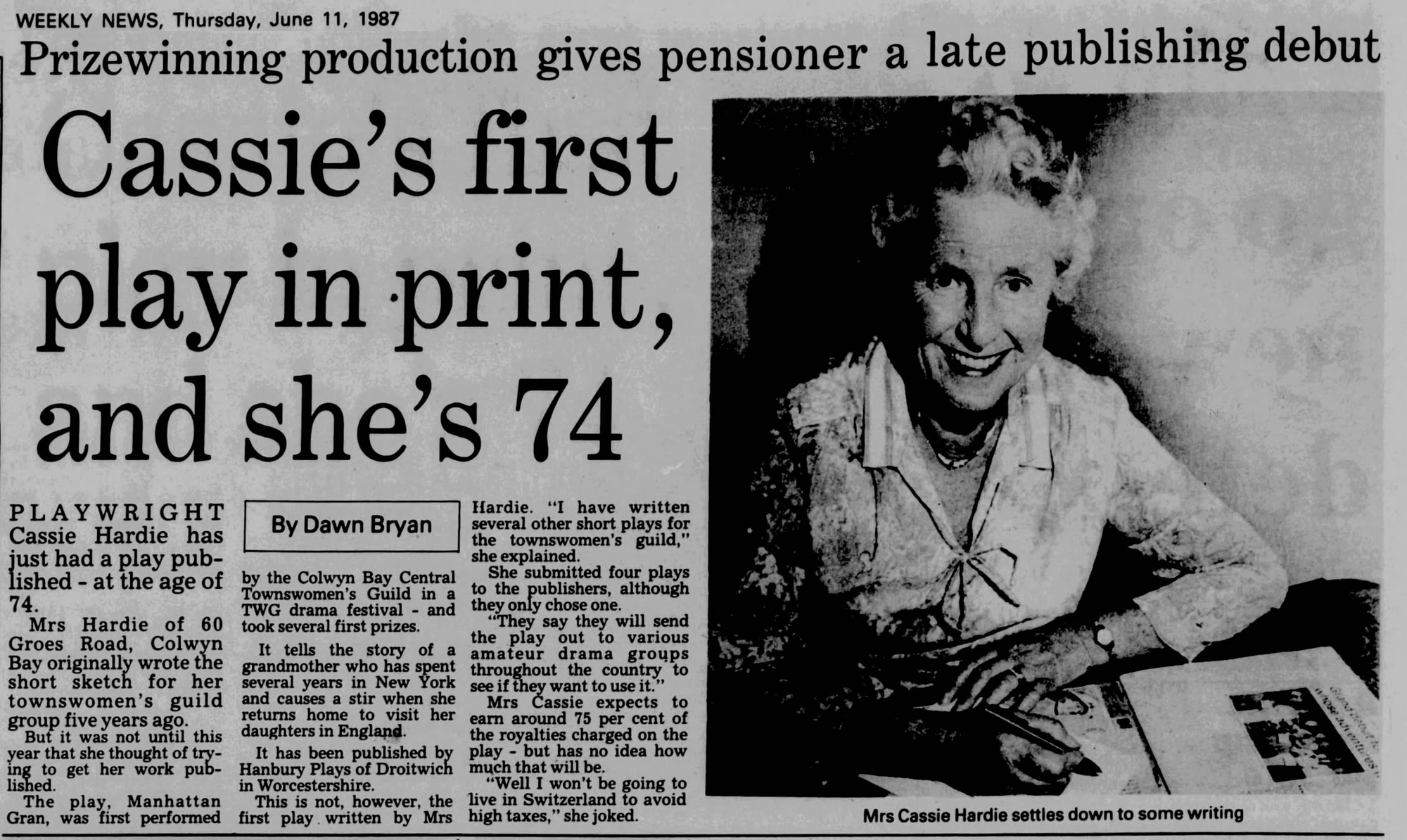 A screenshot of a 1987 article about Cassie Hardie (née Watson) publishing her debut play at age 74