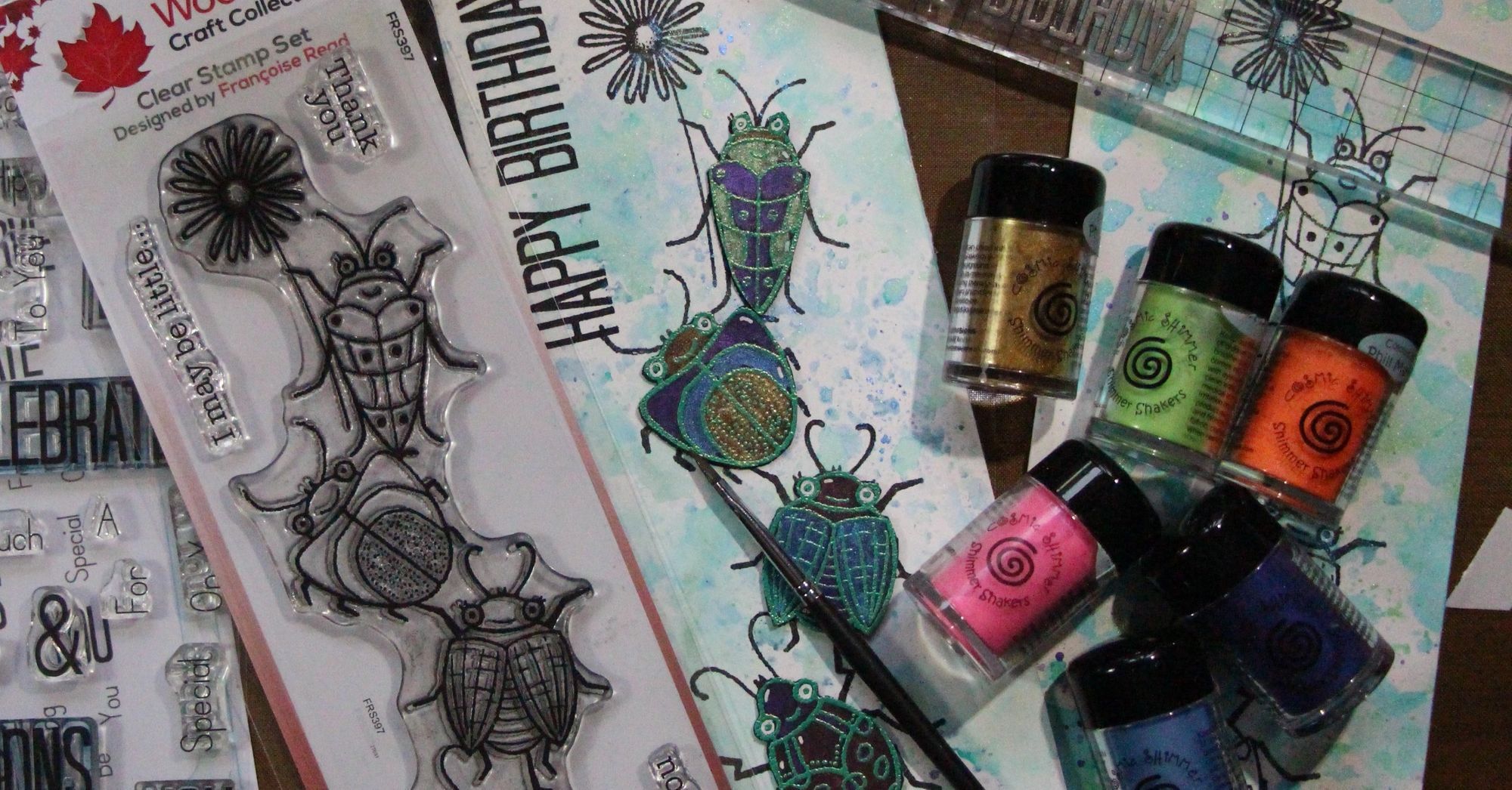 Slimline Card Using Woodware Stamps and Shimmer Shakers