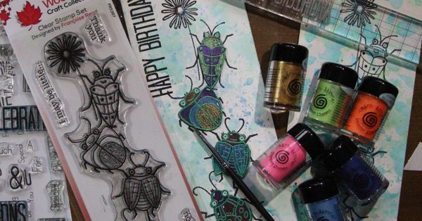 Slimline Card Using Woodware Stamps and Shimmer Shakers