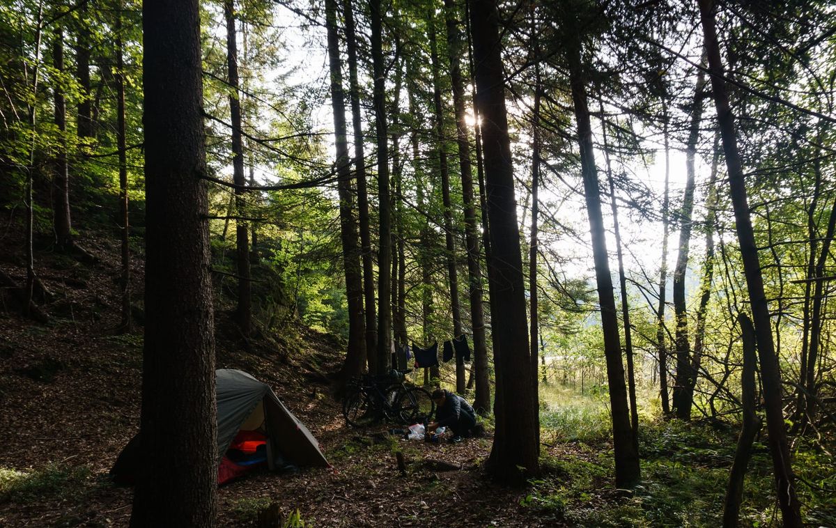 View of a campsite in the forest with a tent standing behind a tree, a clothesline with bike clothes spun between two trees and a person cooking on a stove