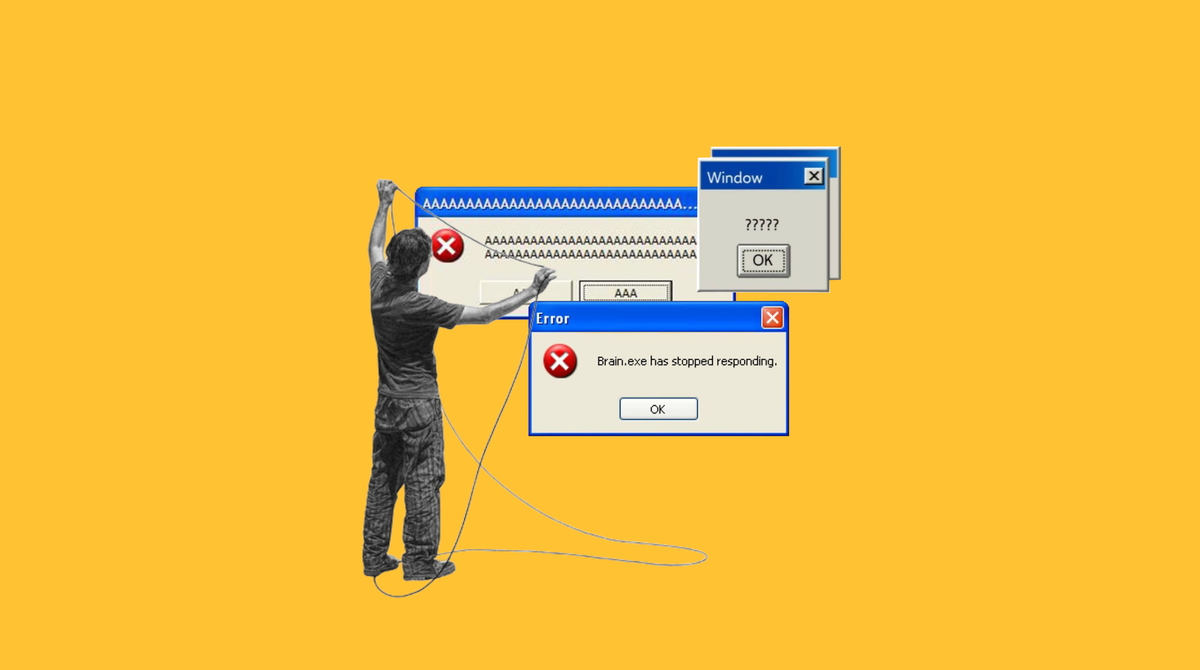 Person tangled in cables beside computer error windows, showing the strain of poor retail data integration