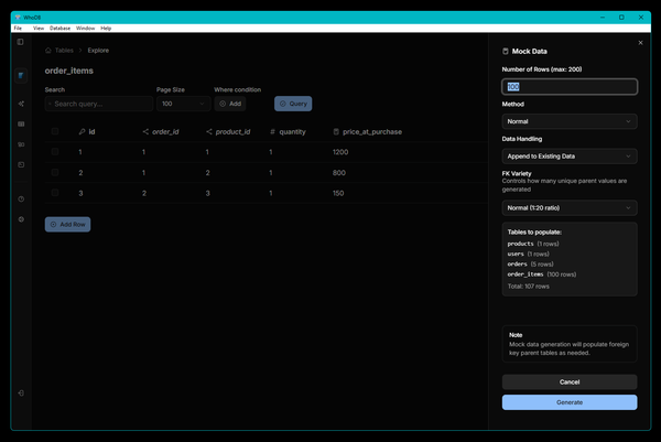 WhoDB Mock Generation Screen