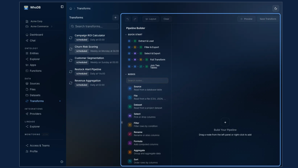 WhoDB's visual data pipeline builder