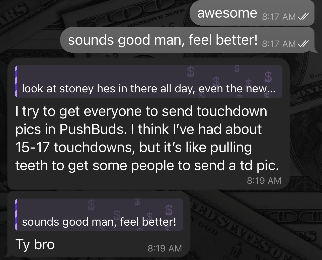 Screenshot from the Telegram Community 'PushBuds' showing great progress and results for online cannabis vendors.