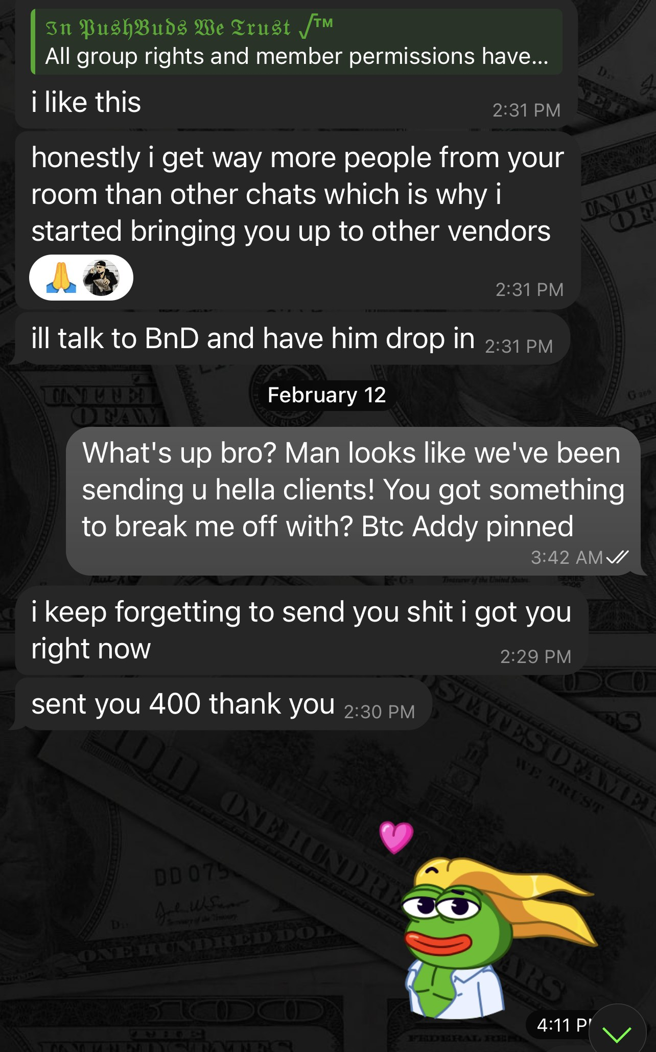 Screenshot from the Telegram Community 'PushBuds' showing great progress and results for online cannabis vendors.