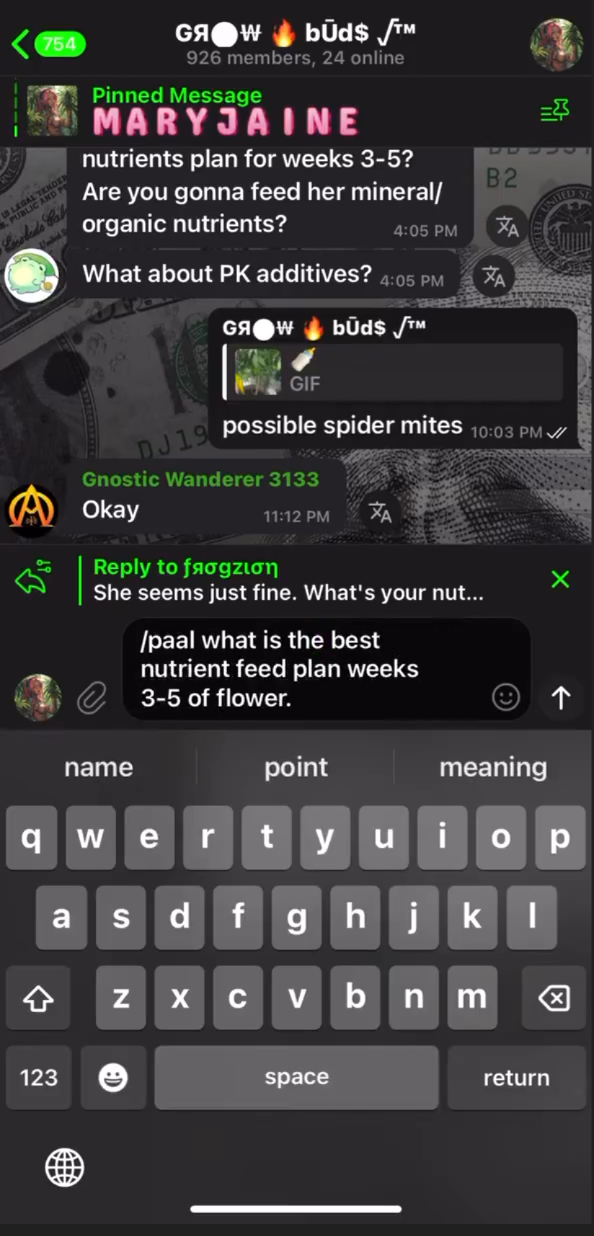 Screenshot of the GrowBuds Ai asking a specific cannabis cultivation question.