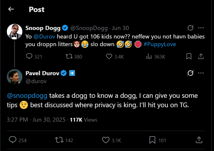 x post between snoop dogg and pavel durov of telegram