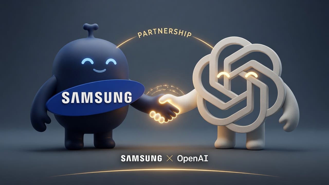 Promotional artwork for the Samsung and OpenAI partnership, showing their respective mascots shaking hands.