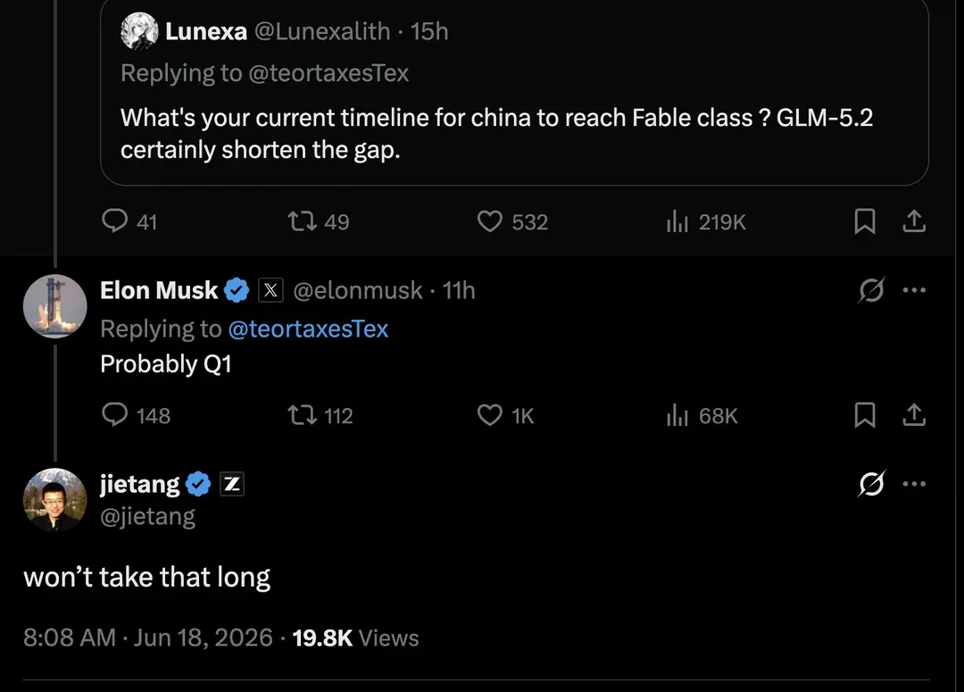 X screenshots about Elon Musk's comments about GLM-5.2