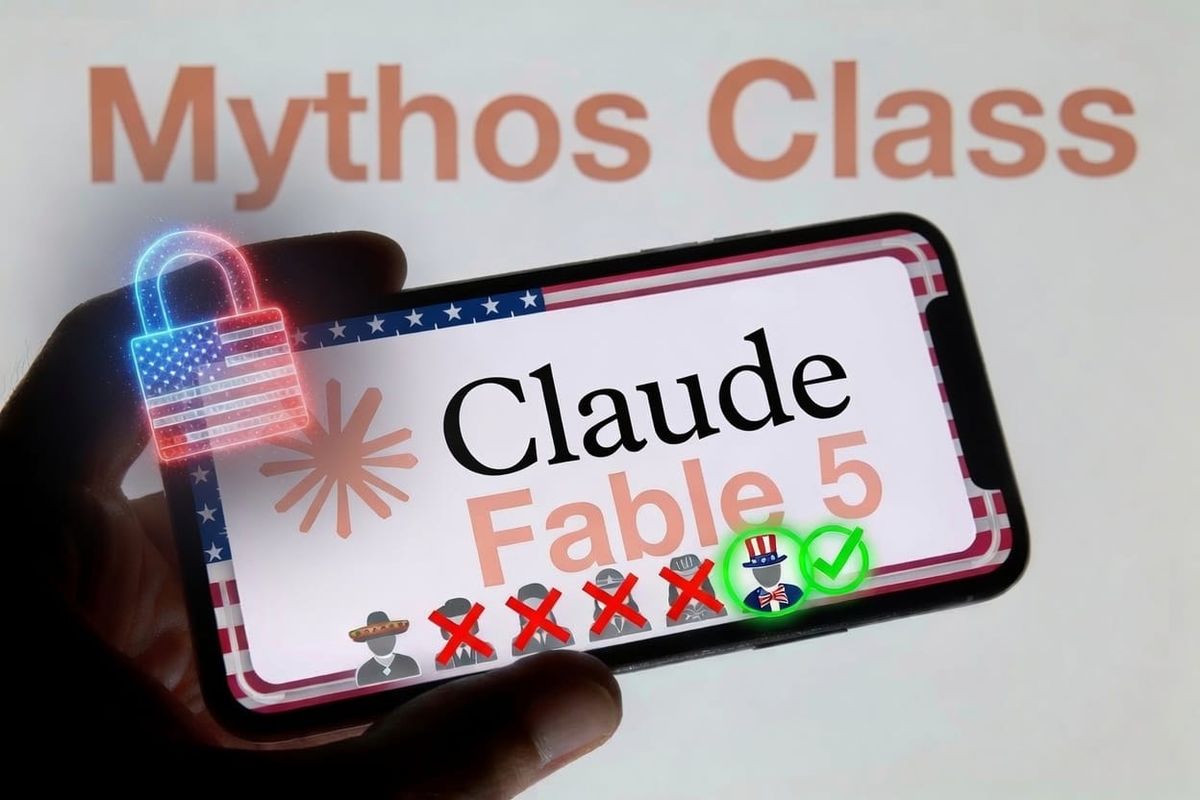 Claude Fable 5 censored on smartphone with American flag lock and approved USA icon, highlighting AI restrictions