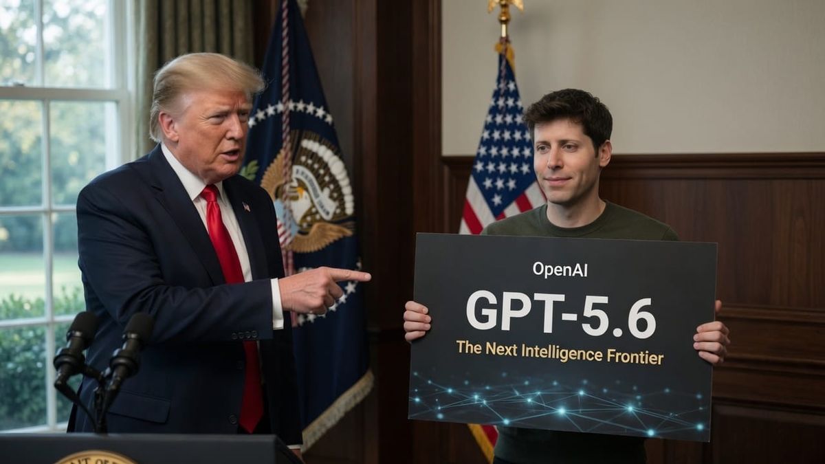 Donald Trump pointing at a sign held by Sam Altman reading “OpenAI GPT-5.6: The Next Intelligence Frontier” in a formal setting with American flags.