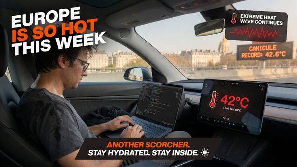 Sweaty man coding on a laptop in a hot car during a European heat wave. Screen shows 42°C. Text overlays warn of extreme heat and urge staying hydrated.