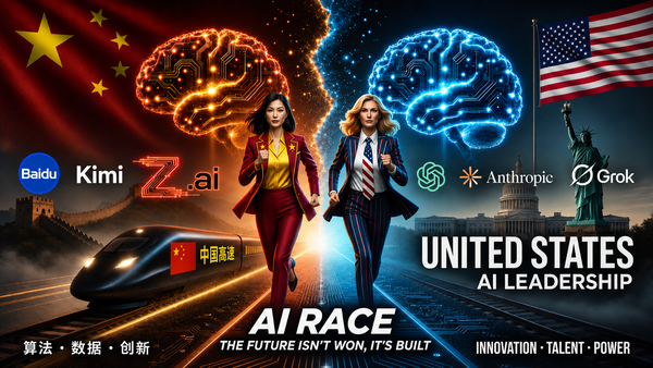 China and the United States competing for AI leadership, featuring Baidu, Kimi, Z.ai, OpenAI, Anthropic, and Grok.