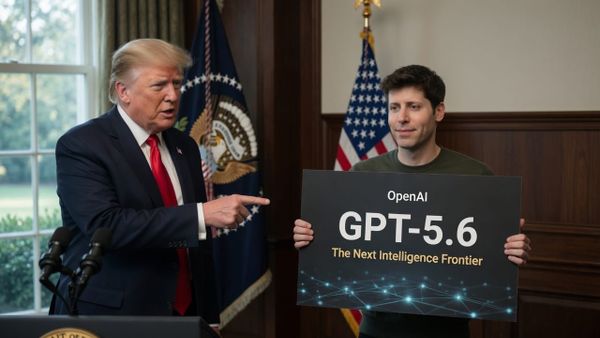 Donald Trump pointing at a sign held by Sam Altman reading “OpenAI GPT-5.6: The Next Intelligence Frontier” in a formal setting with American flags.