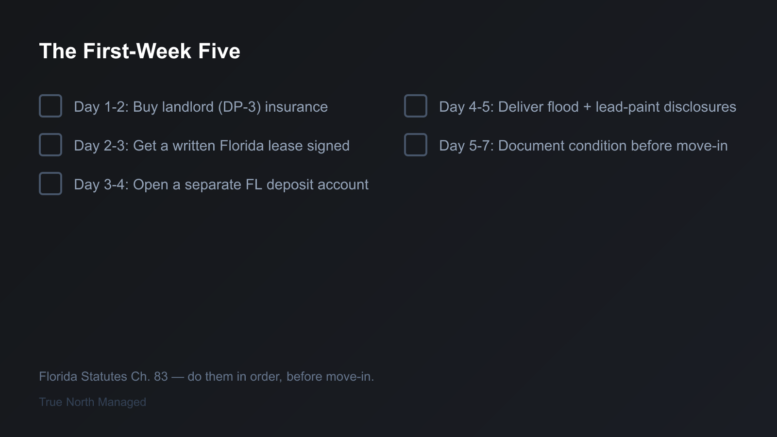 Five ordered tasks for a Florida landlord's first week