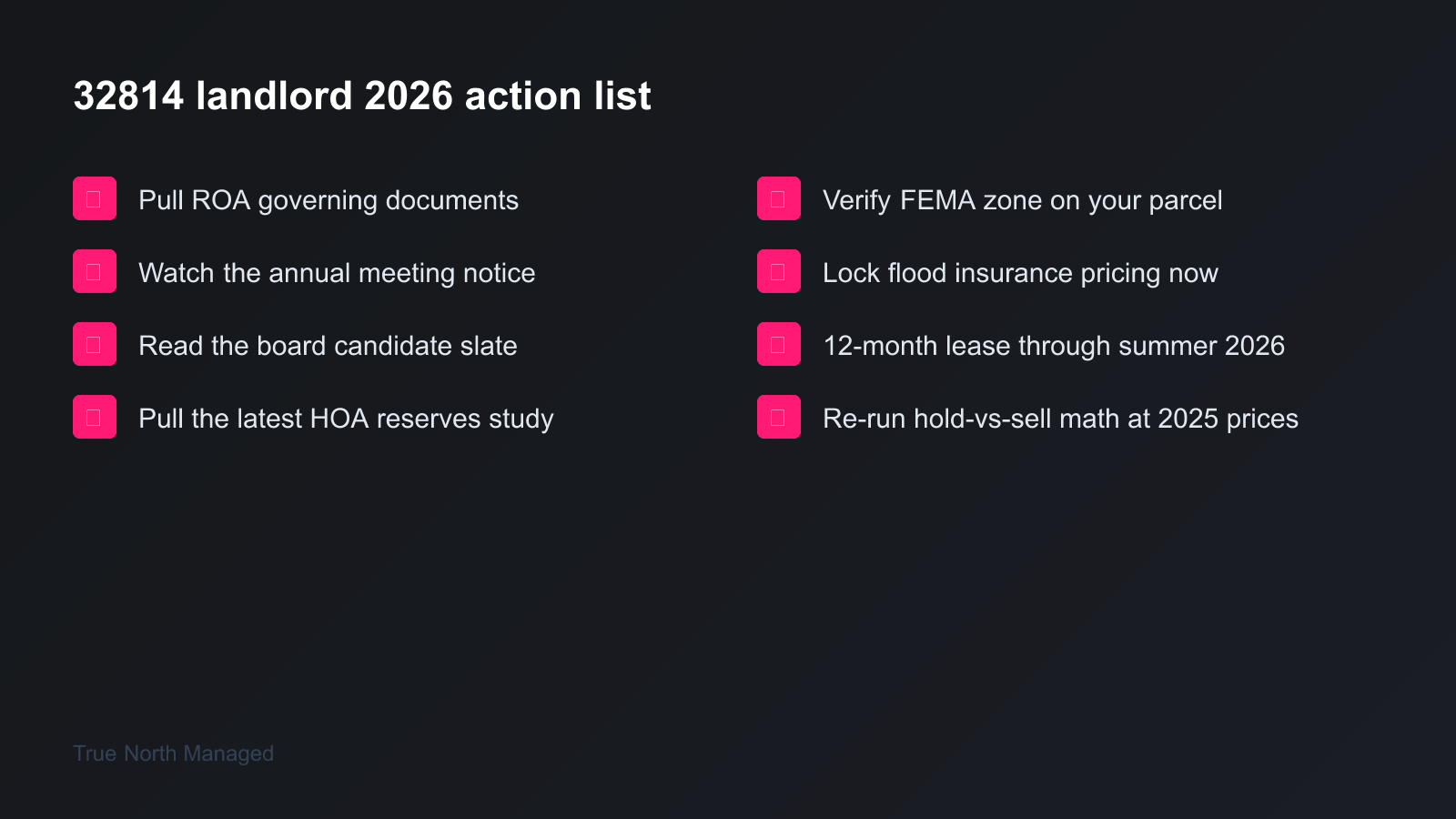 Eight-item 2026 action checklist for Baldwin Park 32814 landlords covering ROA documents and annual meeting monitoring, flood insurance, lease term, and revised cap rate math