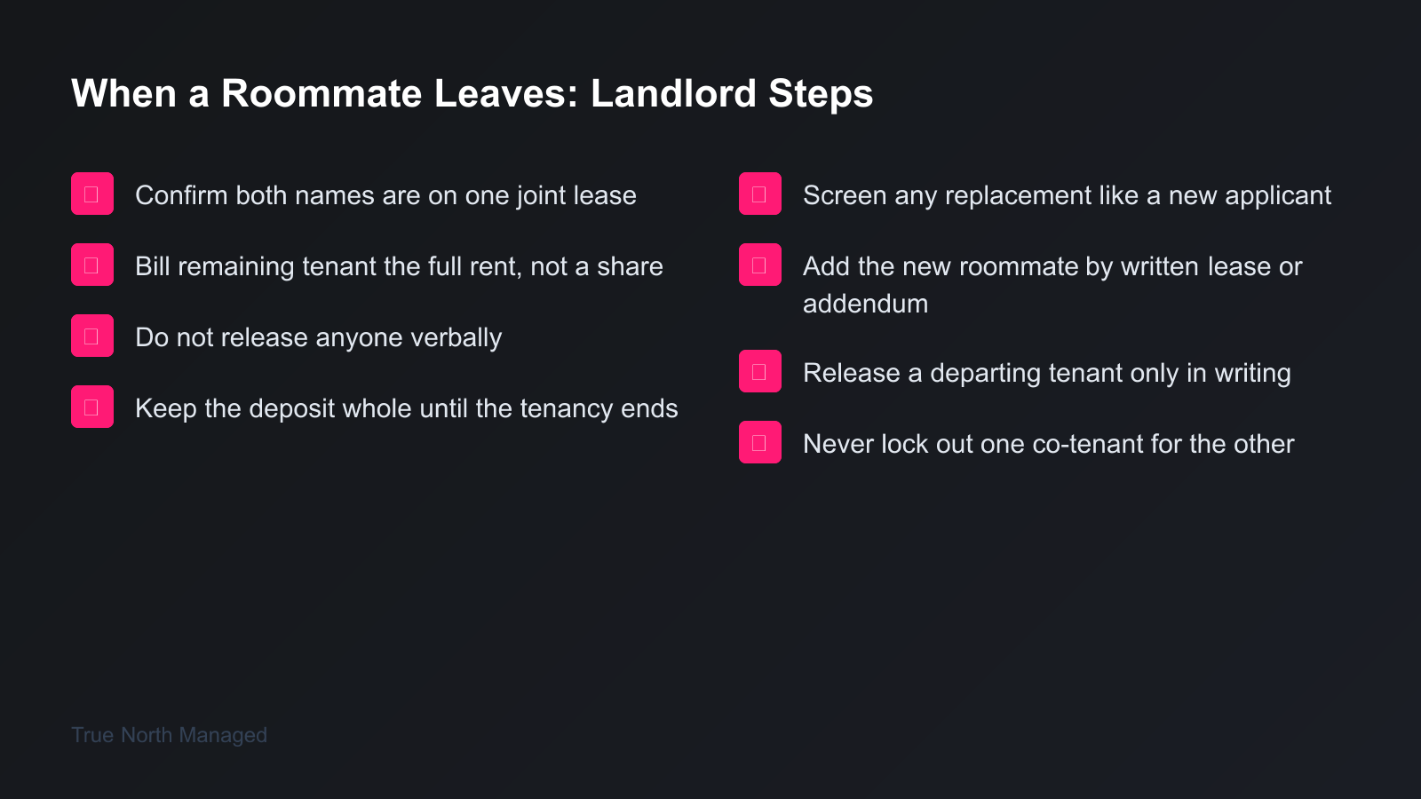 Checklist of landlord steps when one roommate leaves a Florida lease