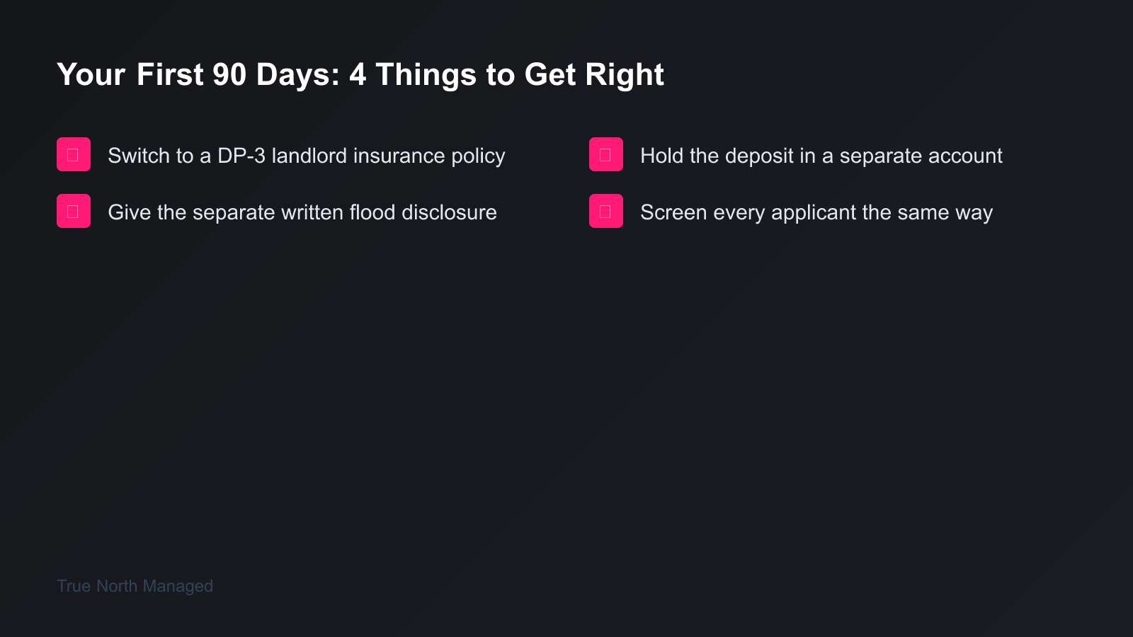 Checklist of four things to get right in your first 90 days as a Florida landlord