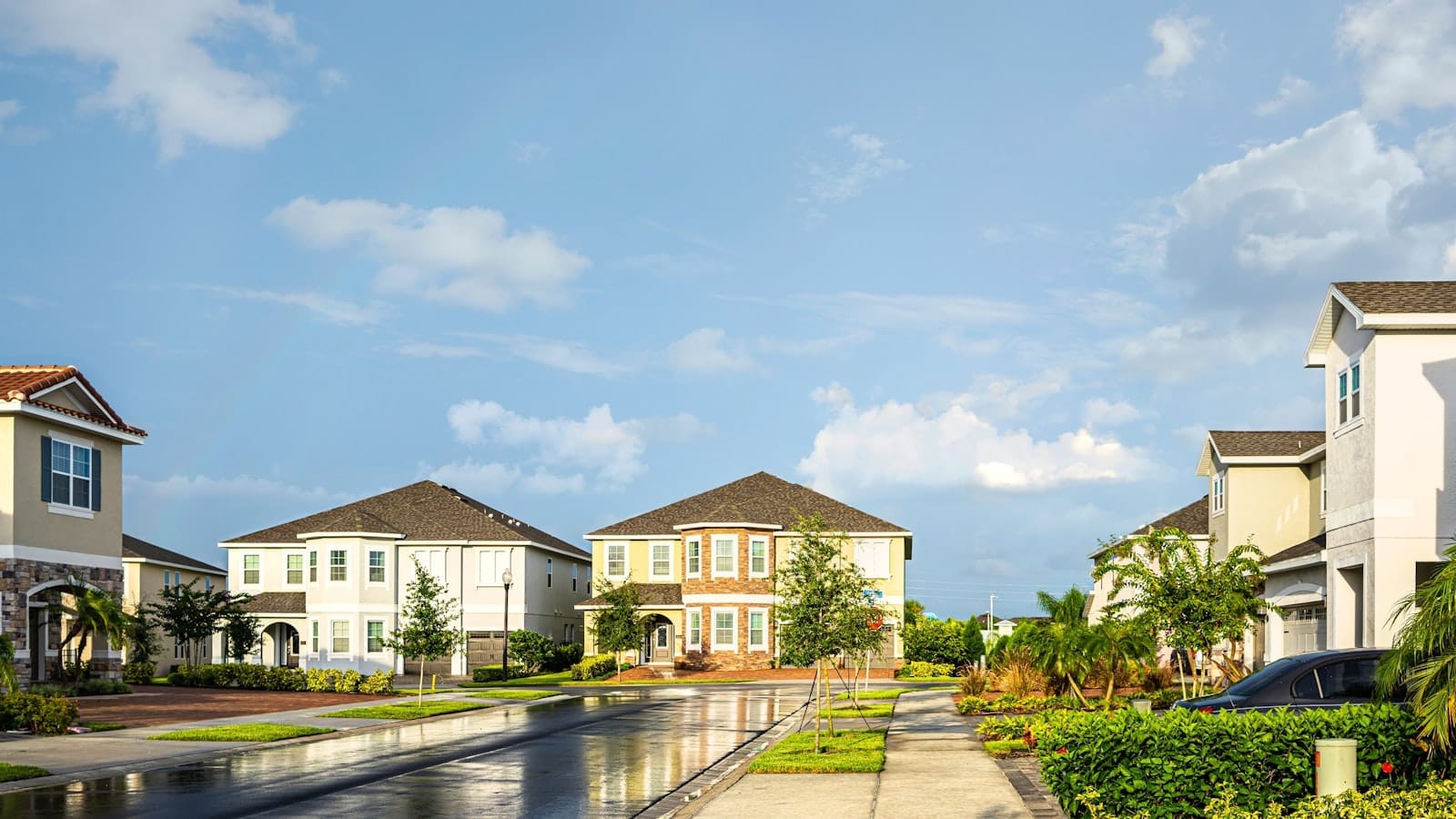 A residential street of single-family homes in a Central Florida neighborhood