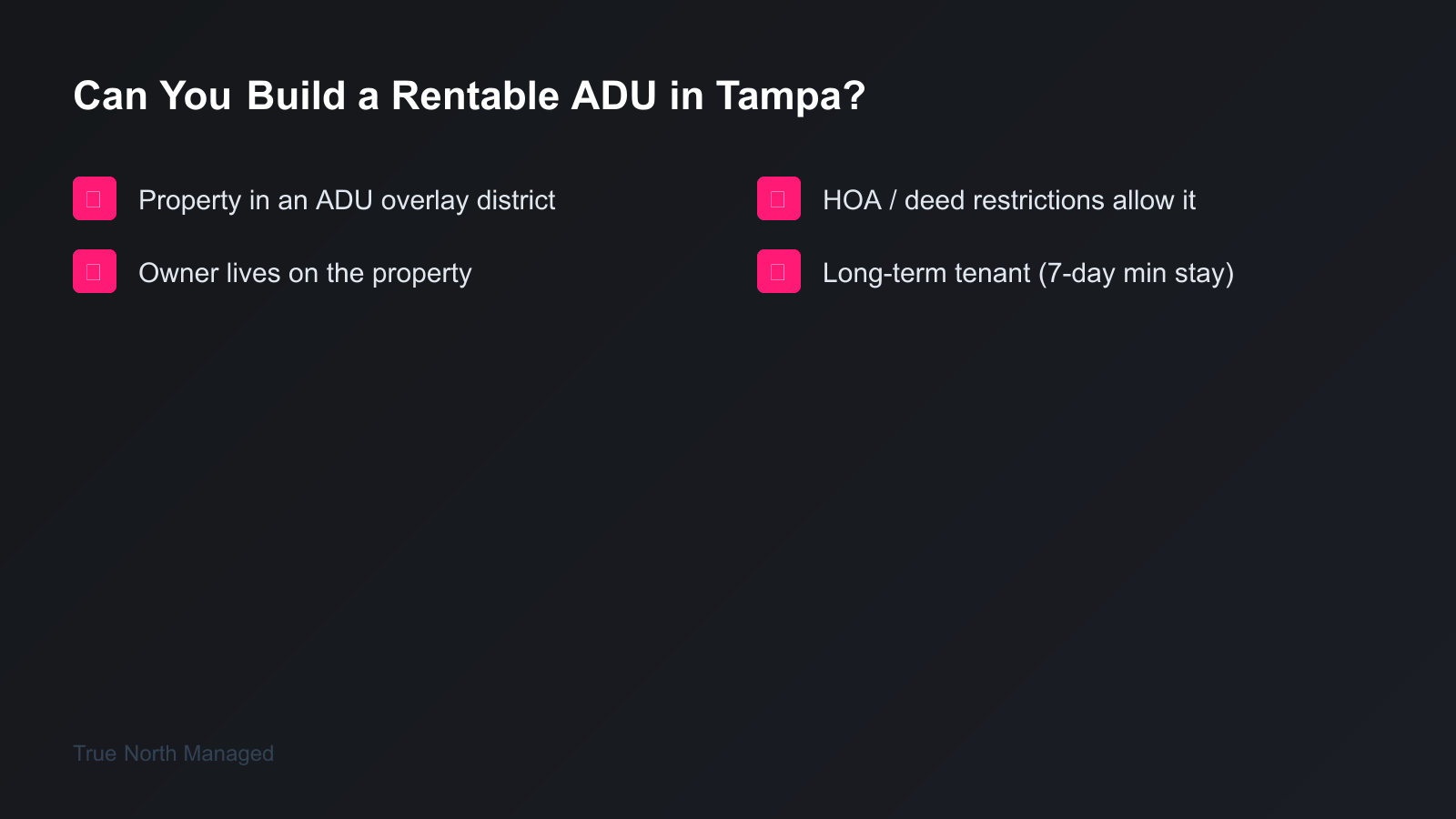 Checklist of requirements to build a rentable ADU in Tampa