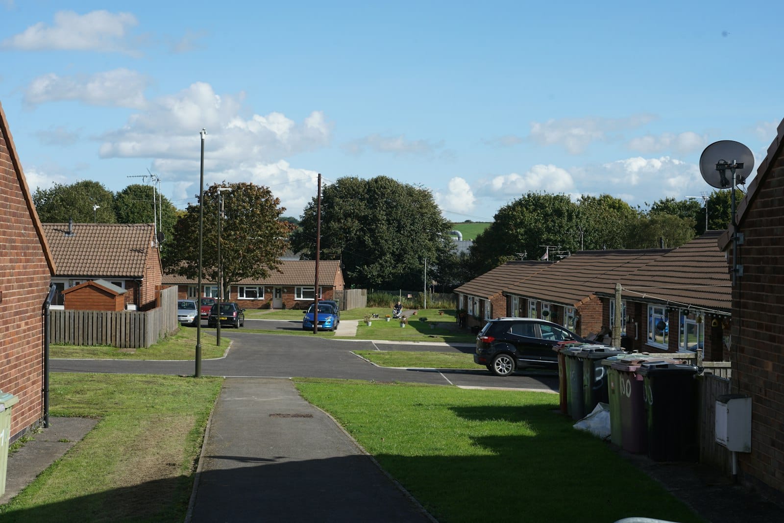 Sunny residential street of bungalows with green lawns