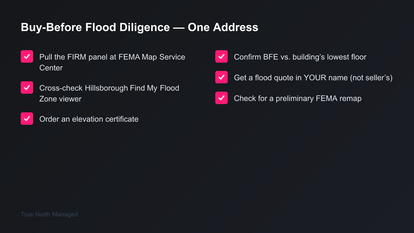 Buy-before flood diligence checklist for a Hillsborough rental address