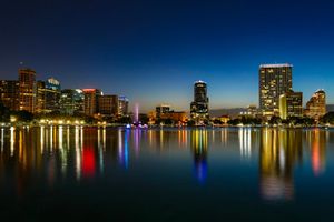 Aerial view of a Florida metro skyline under a clear sky