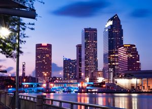 Aerial view of Tampa’s waterfront condos and marina at dusk