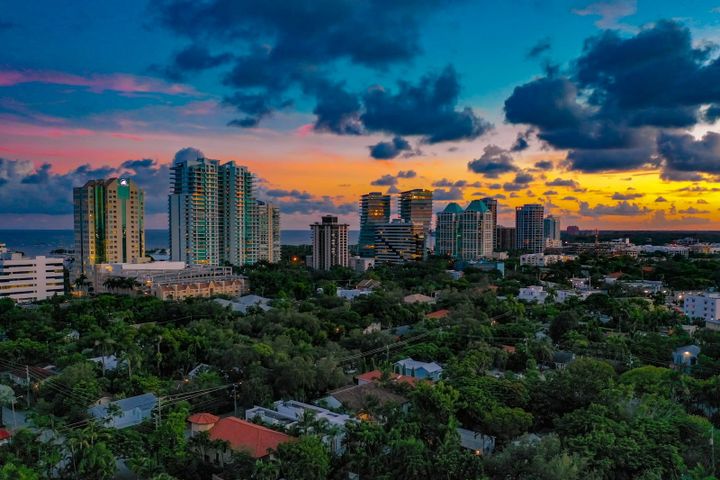 Florida residential apartment buildings under a bright sky