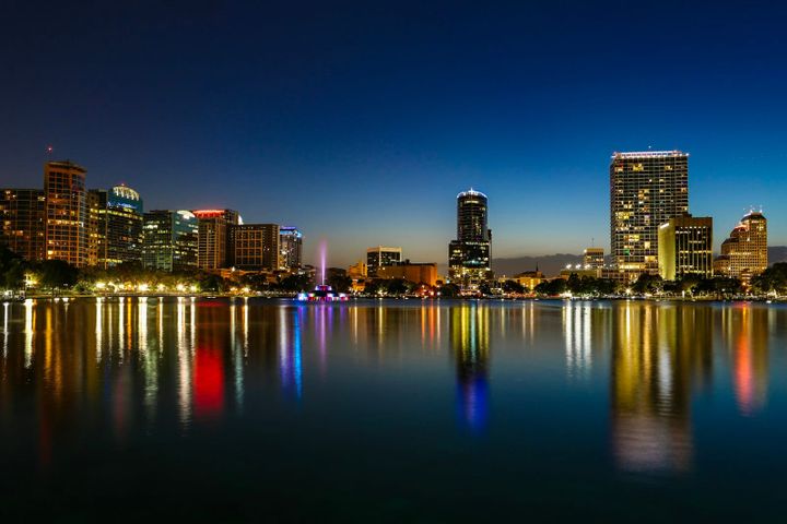 Aerial view of a Florida metro skyline under a clear sky