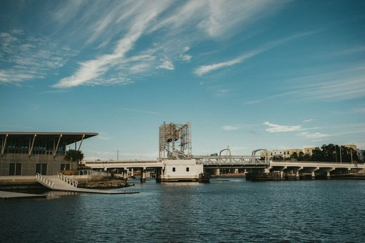 Tampa Riverwalk and a drawbridge over the Hillsborough River