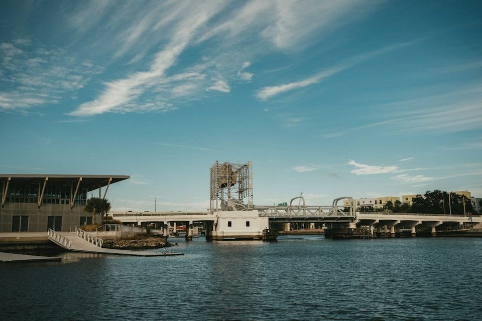Tampa Riverwalk and a drawbridge over the Hillsborough River