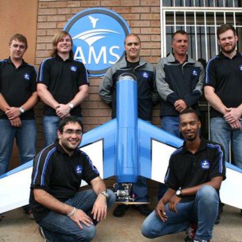 The AMS Team with the Eagle Owl, (back, from left): Wesley Denysschen, Christopher O’Brien, Charles Cavanagh, Sean Franck and David Jones. (Front): Adam Rosman (MD) and Lesiba Mahapa (control systems engineer).